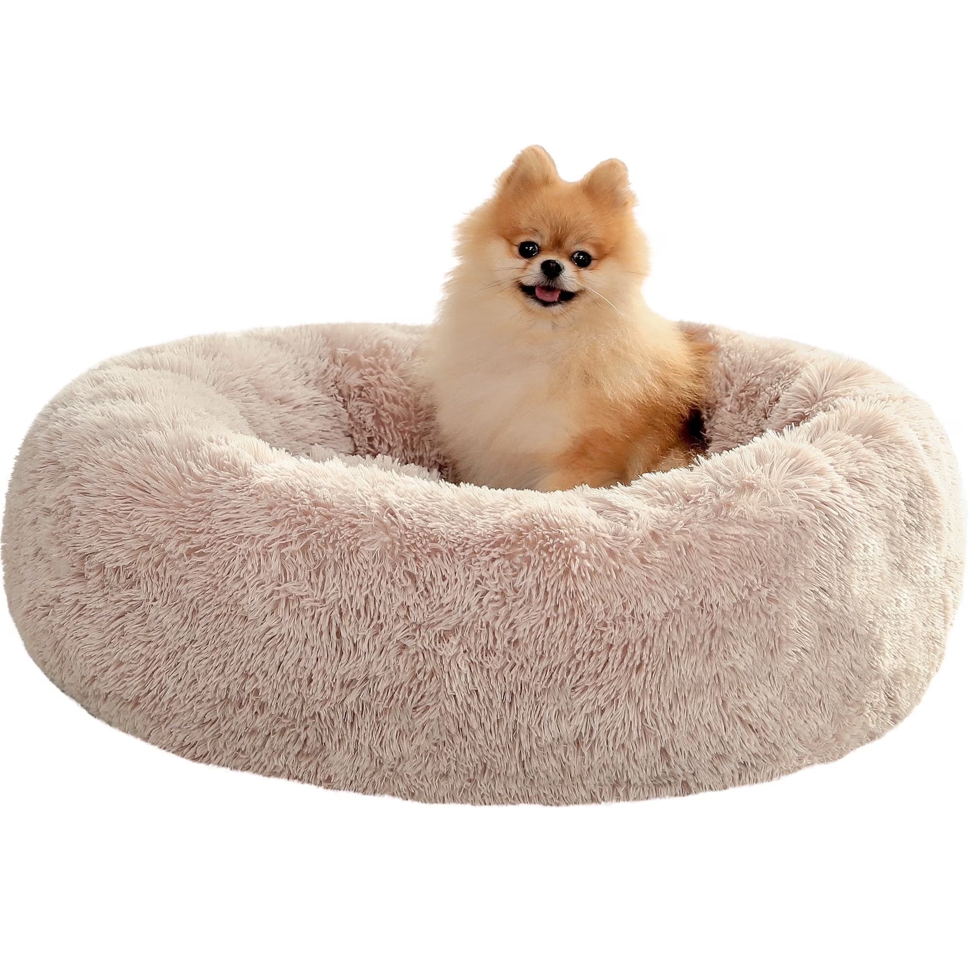 Calming Donut Dog Bed Anti-Anxiety Plush Pillow round Puppy Cat Bed 30" for Pets up to 45Lbs,Beige