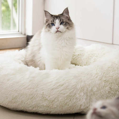 Luxurious Anti-Anxiety Fluffy Plush Faux Fur Washable Dog & Cat Bed - Comfort for Small to Large Pets (27", White)