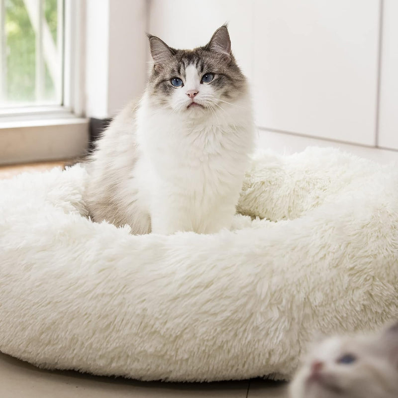 Luxurious Anti-Anxiety Fluffy Plush Faux Fur Washable Dog & Cat Bed - Comfort for Small to Large Pets (27", White)