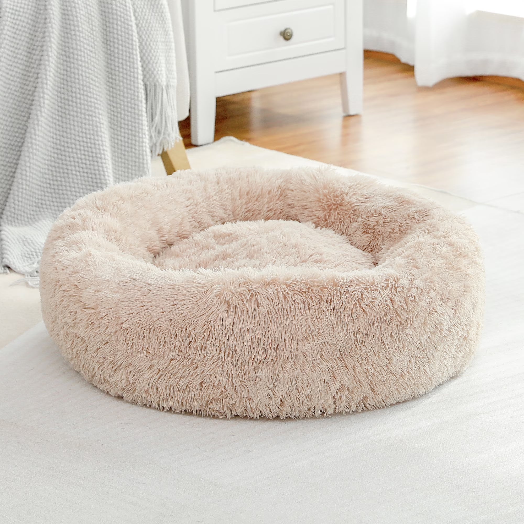 Calming Donut Dog Bed Anti-Anxiety Plush Pillow round Puppy Cat Bed 30" for Pets up to 45Lbs,Beige