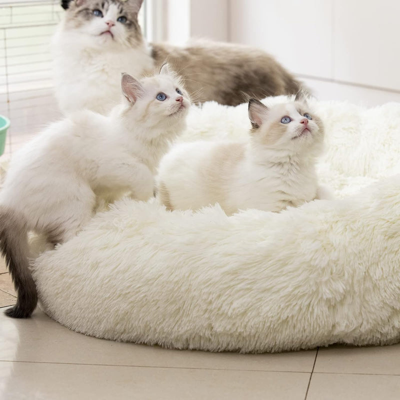 Luxurious Anti-Anxiety Fluffy Plush Faux Fur Washable Dog & Cat Bed - Comfort for Small to Large Pets (27", White)